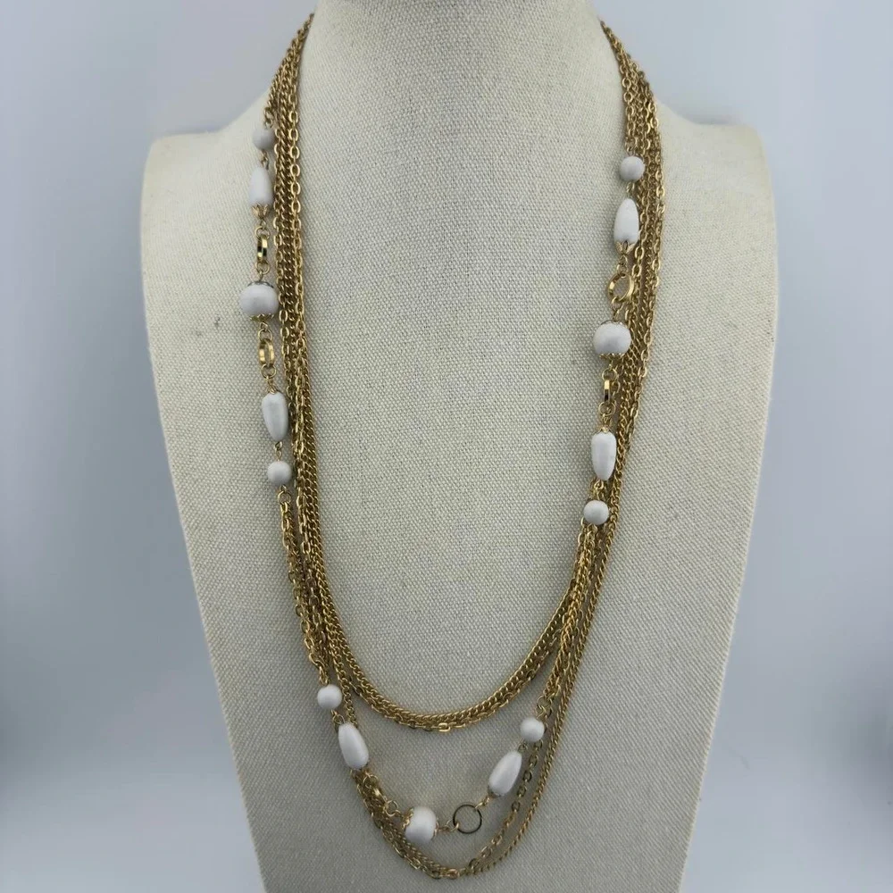 Vintage Multi Strand Necklace White Milk Glass Bead Layered Gold Tone Japan